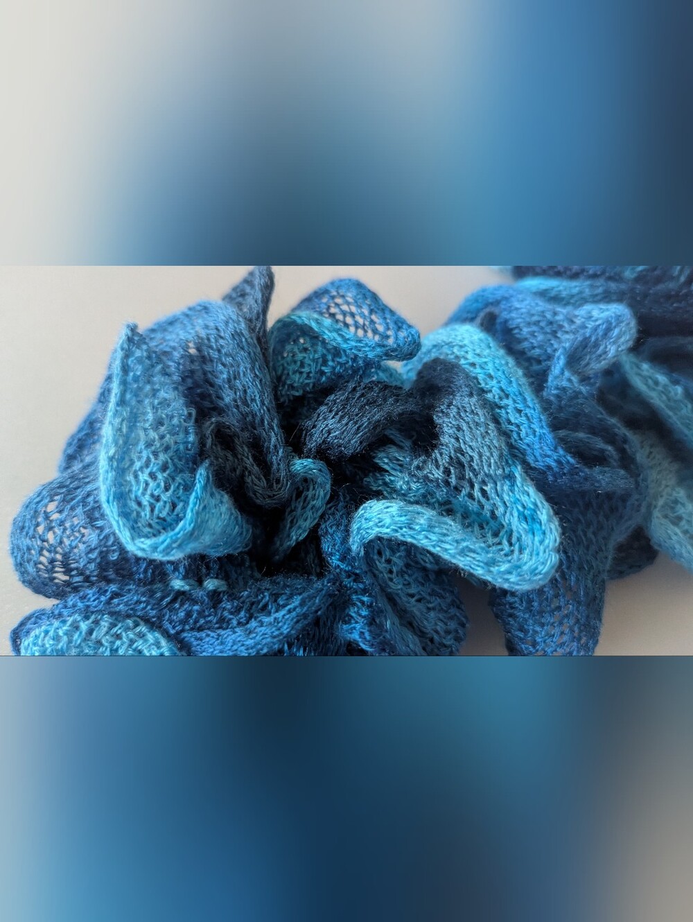 Multicolor Handmade Crocheted Fashion Ruffle Scarf Shades of Blue Teal 60" Long - Picture 9 of 14